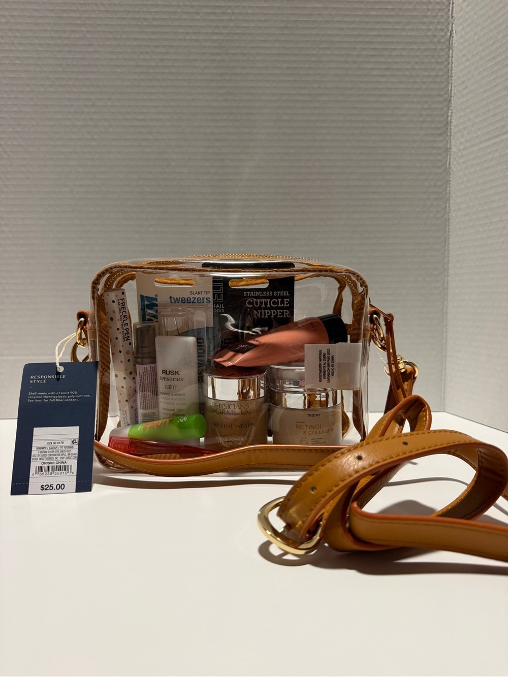 Clear Travel Cosmetic Crossbody Bag in Tan